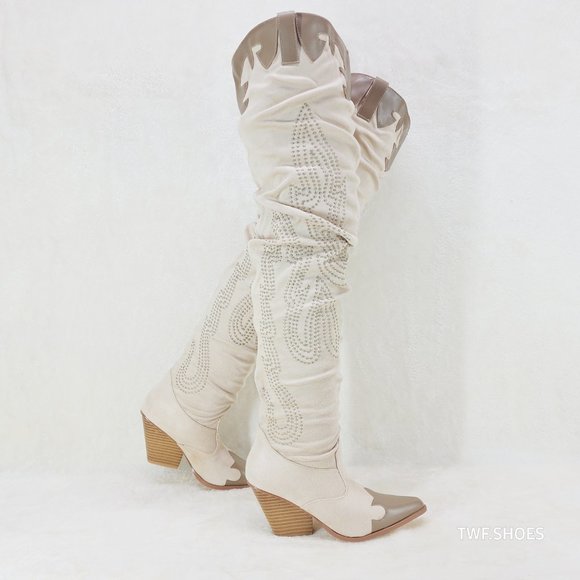 Iconic Western Thigh high Cowgirl Boots Cream - Picture 3 of 12
